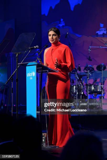 Priyanka Chopra Jonas speaks on stage during the 15th Annual UNICEF Snowflake Ball 2019 at Cipriani Wall Street on December 03, 2019 in New York City.