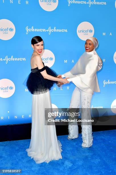Sofia Carson and Halima Aden at the 15th Annual UNICEF Snowflake Ball 2019 at 60 Wall Street Atrium on December 03, 2019 in New York City.