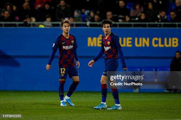 Hiroki Abe of FC Barcelona B and 06 Riqui Puig of FC Barcelona B during La Liga match between FC Barcelona B and RCD Espanyol B at Johan Cruyff...