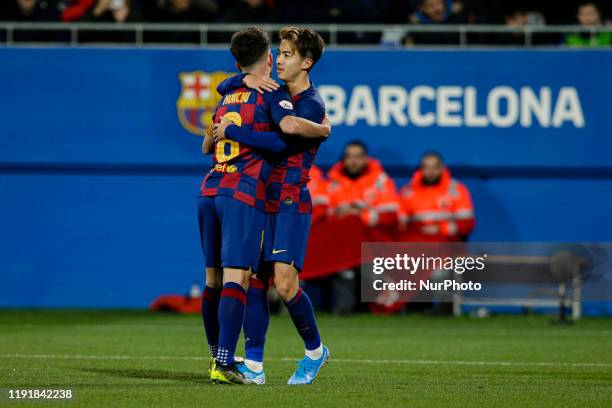 Hiroki Abe of FC Barcelona B and 08 Monchu of FC Barcelona B during La Liga match between FC Barcelona B and RCD Espanyol B at Johan Cruyff Stadium...