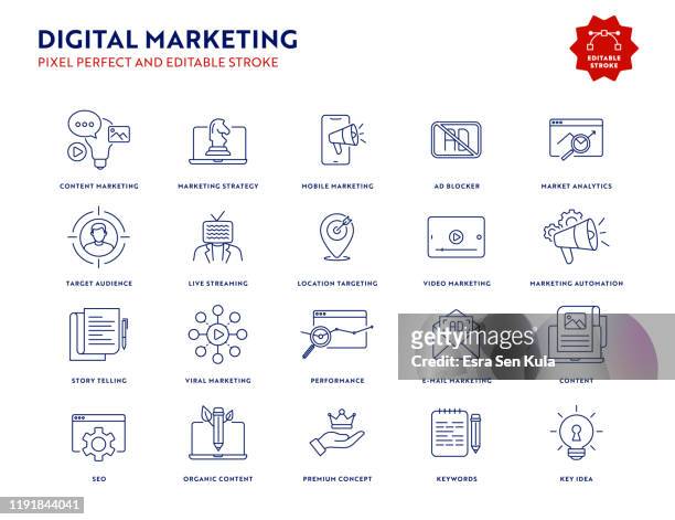 digital marketing icon set mit editierbarem strich und pixel perfekt. - strategy stock-grafiken, -clipart, -cartoons und -symbole