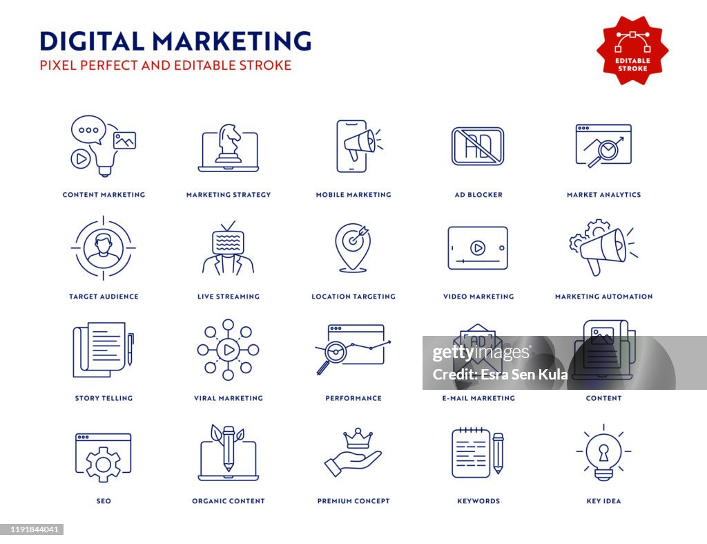 Set di icone di marketing digitale con tratto modificabile e pixel perfetto.