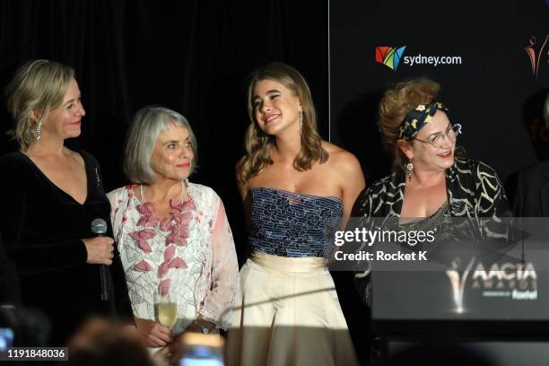 Asha Boswarva with cast and crew of Lambs of God after winning the AACTA Award for Best Telefeature or Mini Series in the media room during 2019...