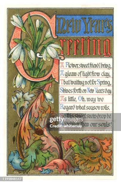 ビクトリア朝の新年カード(挨拶の詩と雪滴付き)、1879年 - acanthus plant点のイラスト素材／クリップアート素材／マンガ素材／アイコン素材
