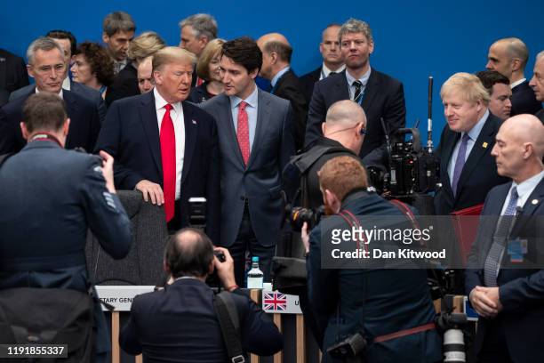 Prime Minister Boris Johnson U.S. President Donald Trump and Canadian Prime Minister Justin Trudeau attend the NATO summit at the Grove Hotel on...