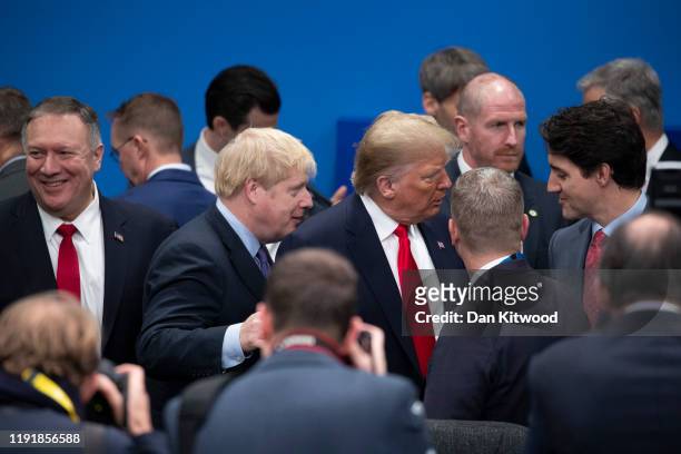 Prime Minister Boris Johnson U.S. President Donald Trump amd Canadian Prime Minister Justin Trudeau attend the NATO summit at the Grove Hotel on...