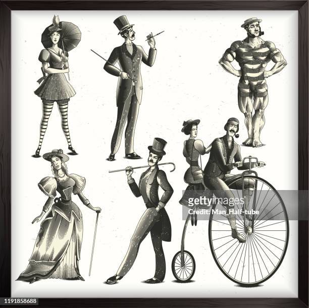 ilustraciones, imágenes clip art, dibujos animados e iconos de stock de conjunto de damas y caballeros - circo