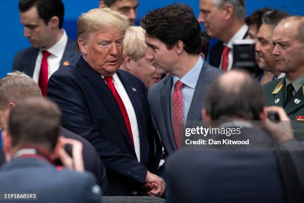 President Donald Trump ad Canadian Prime Minister Justin Trudeau attend the NATO summit at the Grove Hotel on December 4, 2019 in Watford, England....