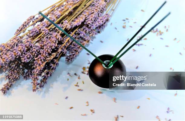 freshener with lavender flowers on light blue background - luftfräschare bildbanksfoton och bilder