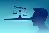 Vector of a man head silhouette and a law scale being balanced on a long nose of a judge