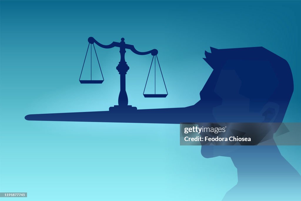 Vector of a man head silhouette and a law scale being balanced on a long nose of a judge
