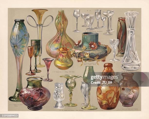 art nouveau vases and glasses., chromolithograph, published in 1900 - lithograph stock illustrations
