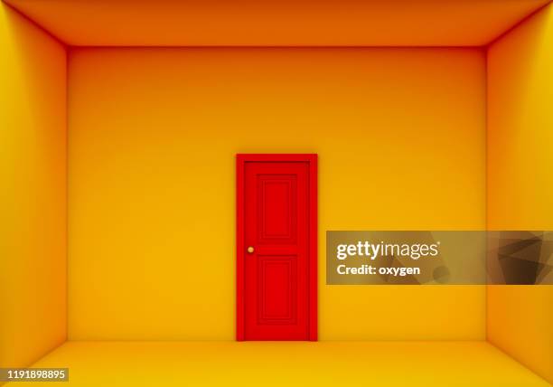 single red door closed on the yellow box room, 3d rendering - puerta fotografías e imágenes de stock