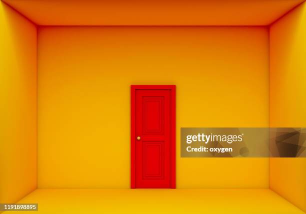 single red door closed on the yellow box room, 3d rendering - door ストックフォトと画像