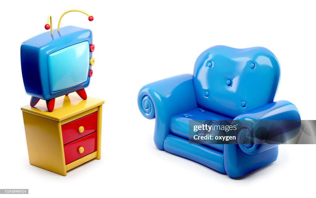 Cartoon Retro Tv And Blue Sofa Isolated On White Background High-Res Stock  Photo - Getty Images