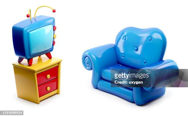 cartoon retro tv and blue sofa isolated on white background - armchair imagens e fotografias de stock