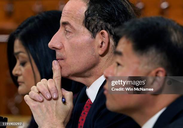 Rep. Jamie Raskin , Rep. Pramila Jayapal and Rep. Ted Lieu listen as constitutional scholars Noah Feldman of Harvard University, Pamela Karlan of...