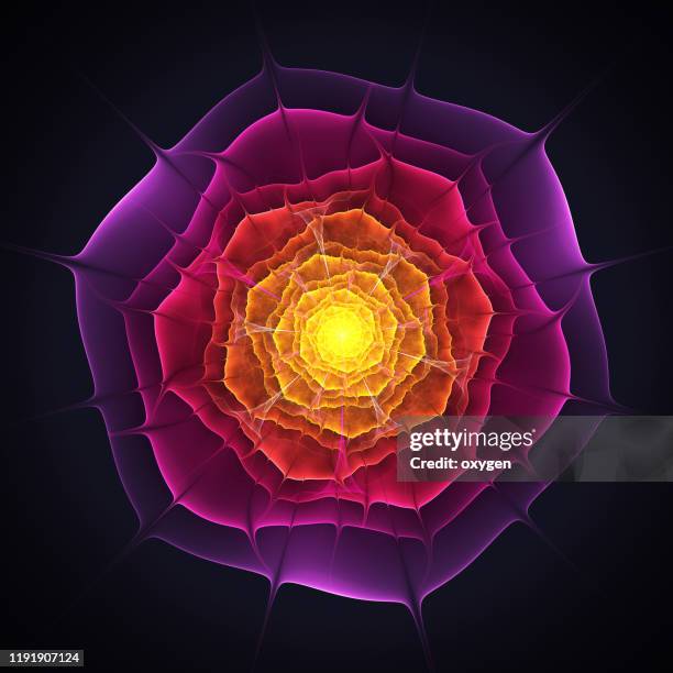 violet and yellow glowing flower fractal on black background - fractal flower stock pictures, royalty-free photos & images