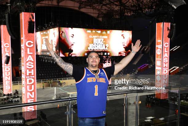 Andy Ruiz Jr poses for a photo inside the Diriyah Arena during the Clash On The Dunes Press Conference at the Diriyah Arena on December 04, 2019 in...