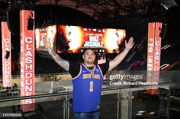 Andy Ruiz Jr poses for a photo inside the Diriyah Arena during the Clash On The Dunes Press Conference at the Diriyah Arena on December 04, 2019 in...