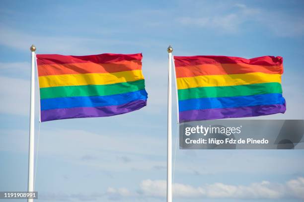 rainbow flag, reykjavik, gullbringusýsla, iceland. - regenbogenfahne stock-fotos und bilder