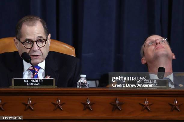 Committee chairman Rep. Jerry Nadler speaks while committee ranking member Rep. Doug Collins looks up during an impeachment hearing where...