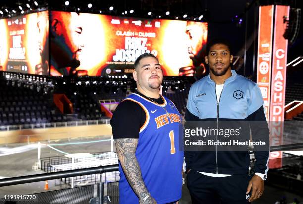Anthony Joshua and Andy Ruiz Jr inside the Diriyah Arena during the Clash On The Dunes Press Conference at the Diriyah Arena on December 04, 2019 in...