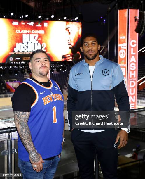 Anthony Joshua and Andy Ruiz Jr inside the Diriyah Arena during the Clash On The Dunes Press Conference at the Diriyah Arena on December 04, 2019 in...