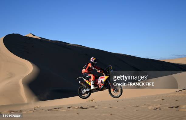 Red Bull Ktm factory team biker Toby Price of Australia powers his Ktm motorbike during the Stage 1 of the Dakar 2020 between Jeddah and Al Wajh,...
