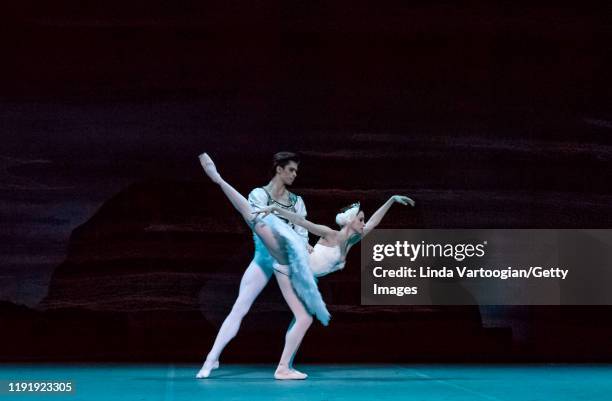 Russian ballet dancers Anna Nikulina and Artem Ovcharenko perform in the Bolshoi Ballet production of 'Swan Lake' during the Lincoln Center Festival...