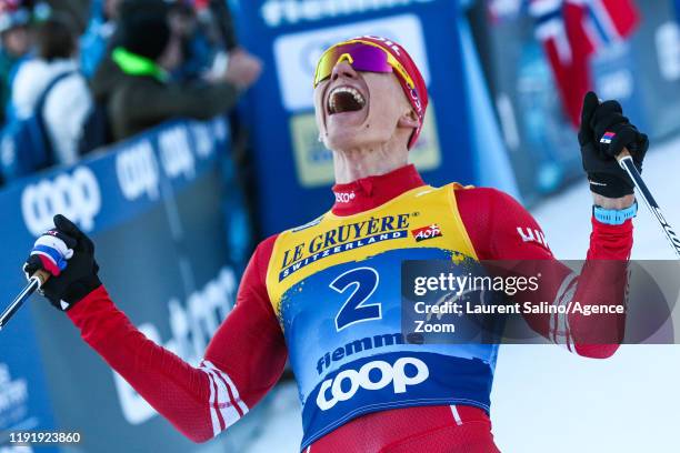 Alexander Bolshunov of Russia takes 1st place during the FIS Nordic World Cup Men's and Women's Cross Country, 2020 in Val Di Fiemme, Italy.