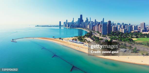 chicago skyline with michigan lake aerial view - lake michigan chicago beach stock pictures, royalty-free photos & images