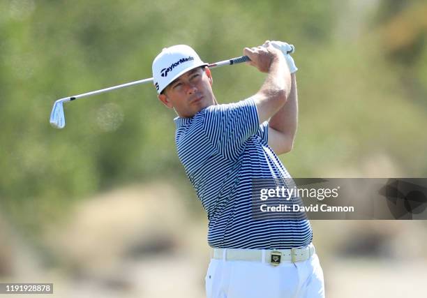 Chez Reavie of the United States plays his second shot on the third hole during the first round of the 2019 Hero World Challenge at Albany on...