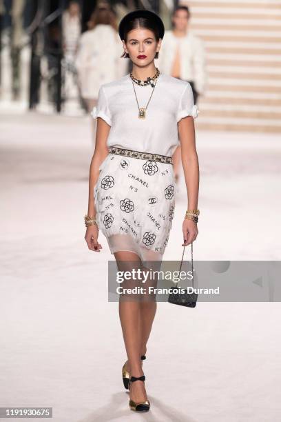 Model Kaia Gerber walks the runway during the Chanel Metiers d'art 2019-2020 show at Le Grand Palais on December 04, 2019 in Paris, France.