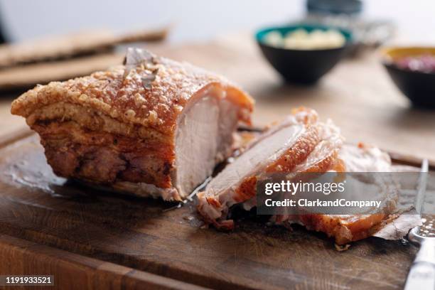 traditional danish dish of flæskesteg or roast pork. - loin stock pictures, royalty-free photos & images