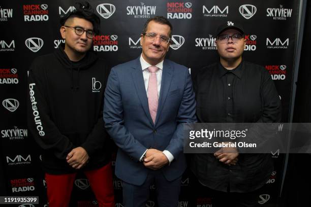 Disko Drew, Otto Padron and Teddy Mora attend Nick Cannon, Meruelo Media, Skyview Announce Radio Syndication on December 04, 2019 in Burbank,...