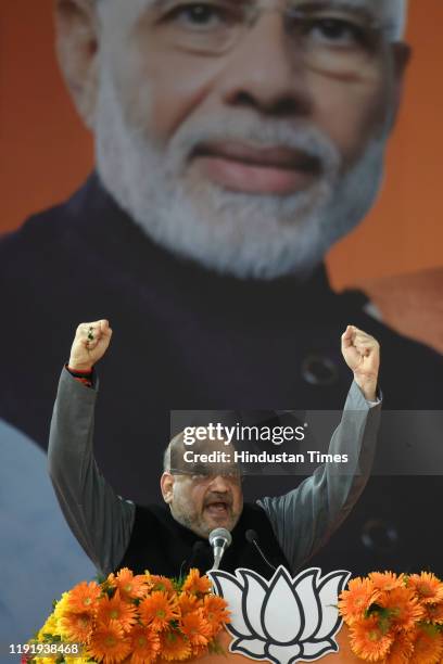 Home Minister Amit Shah addressing Bharatiya Janata Party's booth-level workers rally at Indira Gandhi Indoor Stadium, on January 5, 2020 in New...