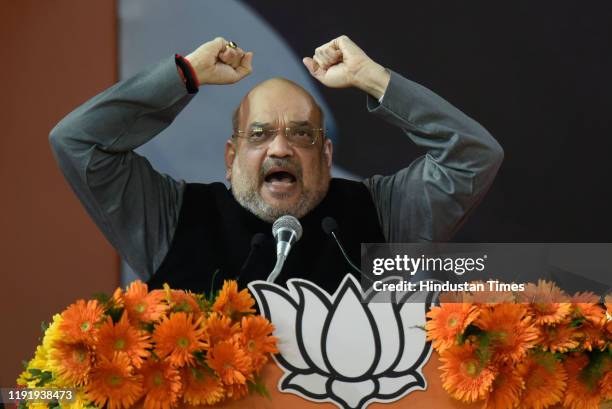 Home Minister Amit Shah addressing Bharatiya Janata Party's booth-level workers rally at Indira Gandhi Indoor Stadium, on January 5, 2020 in New...