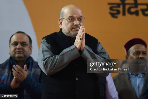 Home Minister Amit Shah during Bharatiya Janata Party's booth-level workers rally at Indira Gandhi Indoor Stadium, on January 5, 2020 in New Delhi,...