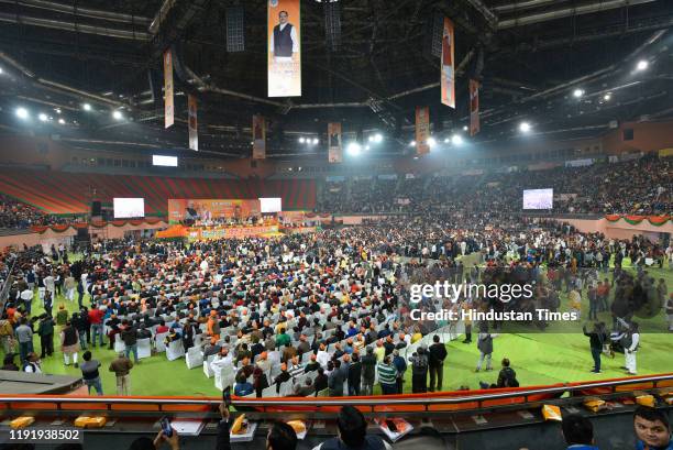 Bharatiya Janata Party's booth-level workers attend a rally at Indira Gandhi Indoor Stadium, on January 5, 2020 in New Delhi, India. Addressing party...