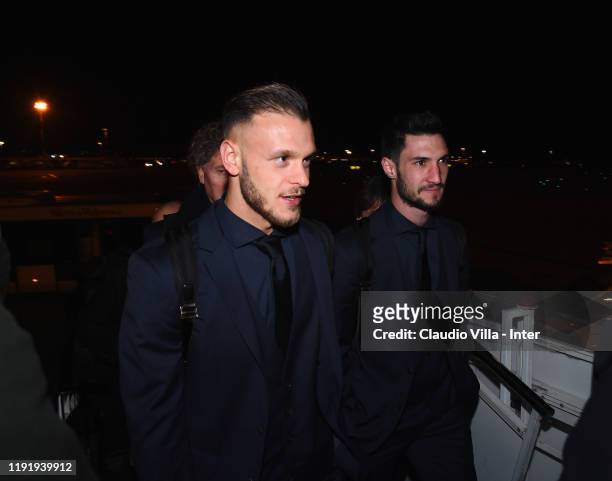 Federico Dimarco and Matteo Politano of FC Internazionale depart to Naples on January 5, 2020 in Naples, Italy.