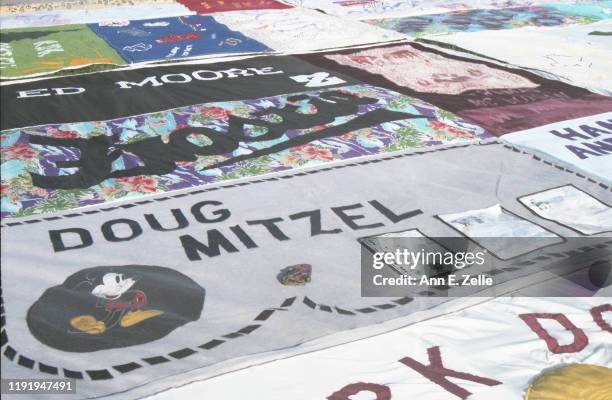 Close-up of panels in the NAMES Project AIDS Memorial Quilt as it is displayed on the National Mall, Washington DC, October 11, 1996. Among those...