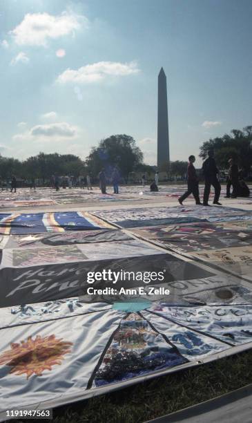 View across the NAMES Project AIDS Memorial Quilt as it is displayed on the National Mall, Washington DC, October 11, 1996. The project was designed...