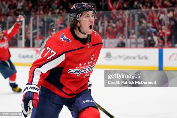 Oshie of the Washington Capitals celebrates after scoring a goal in the third period against the San Jose Sharks at Capital One Arena on January 5,...