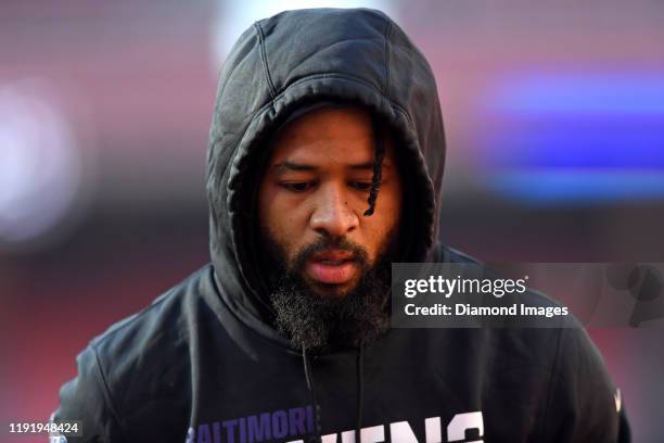 Free safety Earl Thomas of the Baltimore Ravens on the field prior to a game against the Cleveland Browns on December 22, 2019 at FirstEnergy Stadium...