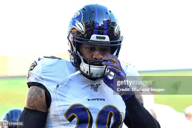 Free safety Earl Thomas of the Baltimore Ravens walks off the field prior to a game against the Cleveland Browns on December 22, 2019 at FirstEnergy...