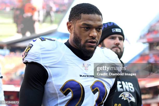 Cornerback Jimmy Smith of the Baltimore Ravens walks off the field prior to a game against the Cleveland Browns on December 22, 2019 at FirstEnergy...