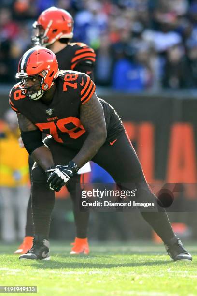 Offensive tackle Greg Robinson of the Cleveland Browns waits for the snap in the first quarter of a game against the Baltimore Ravens on December 22,...