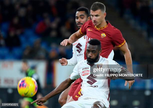 Torino's Cameroonian defender Nicolas Nkoulou vies for the ball with Roma's Bosnian forward Edin Dzeko during the Italian Serie A football match...