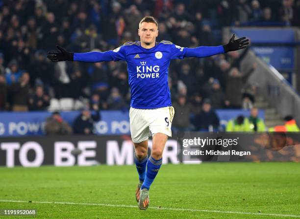 Jamie Vardy of Leicester City celebrates after scoring his team's first goal during the Premier League match between Leicester City and Watford FC at...